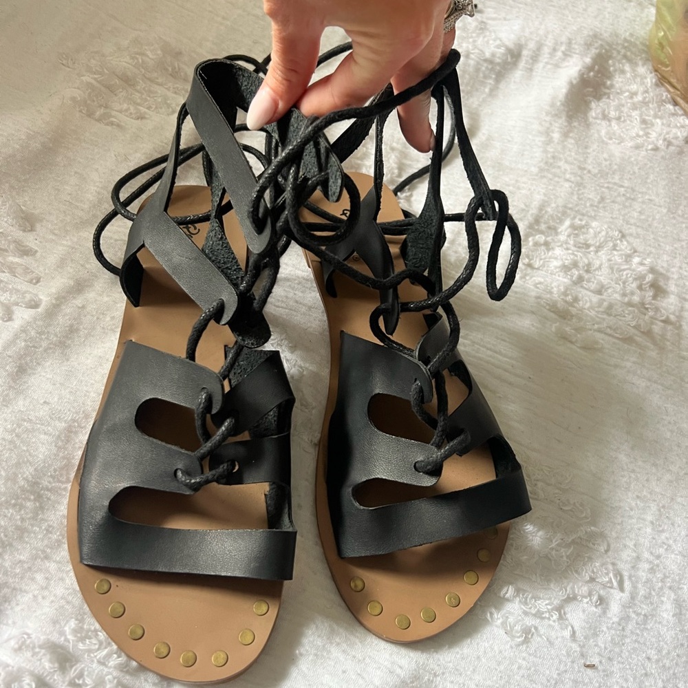 Qupid Black Gladiator Sandals with Lace-Up Design